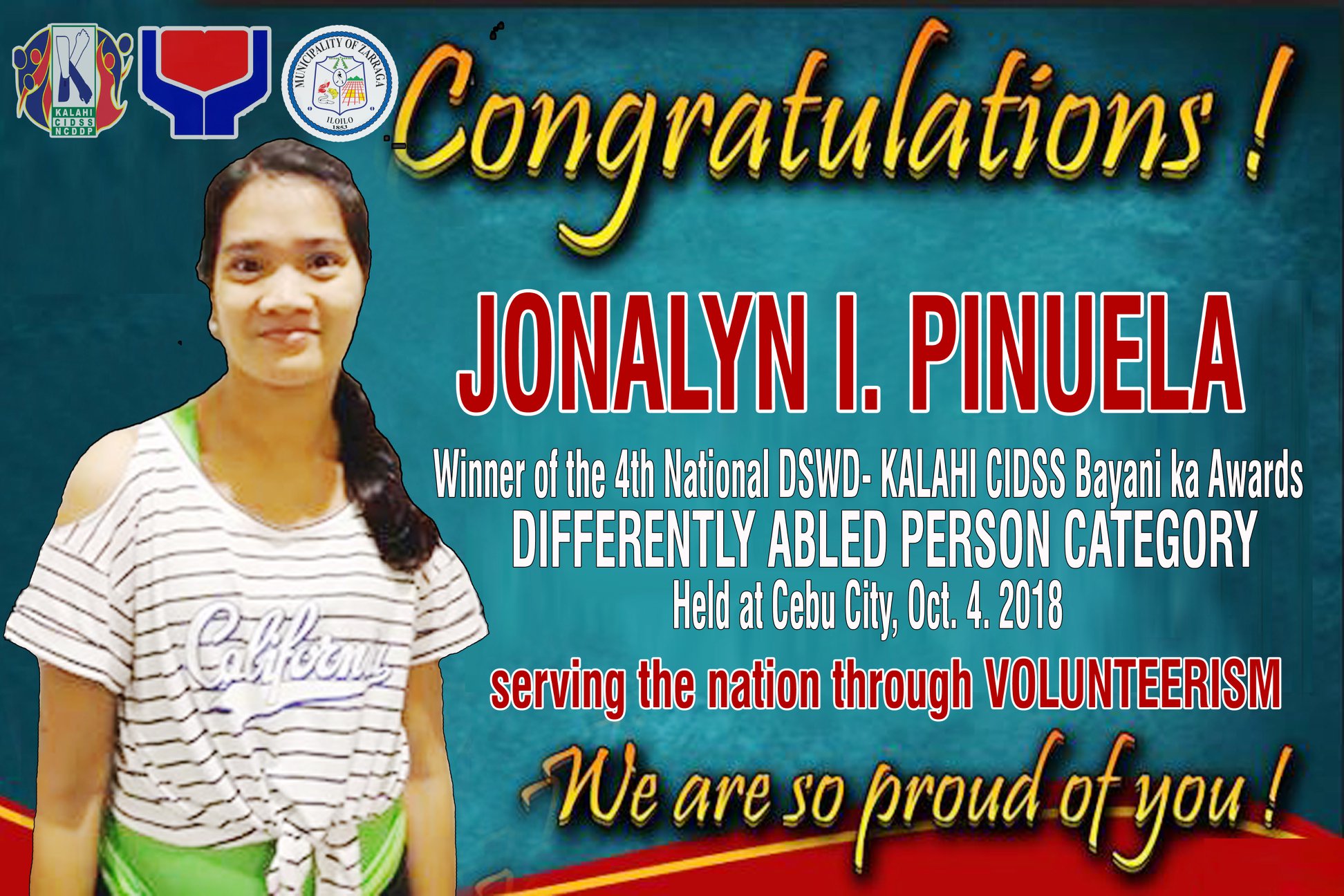 Ms. Jonalyn I. Pinuela, winner of the 4th National DSWD KALAHI- CIDSS Bayani Ka Awards